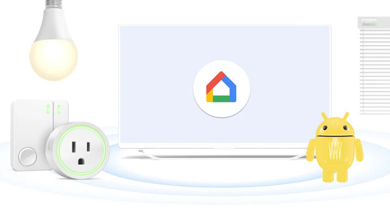 Graphic showing Google Home logo with smart appliances