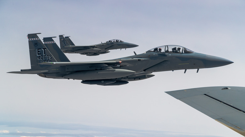 Formation flight of F-15EX Eagle IIs.