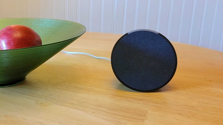 Amazon Echo pop next to a fruit bowl