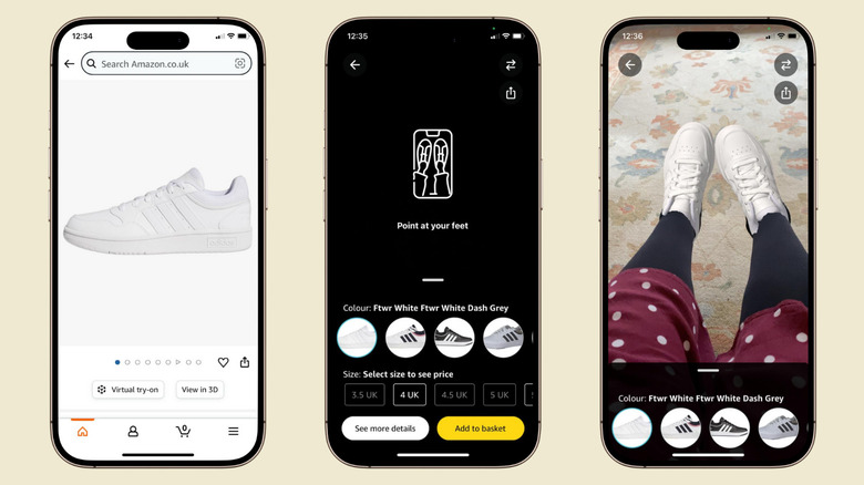 Three screenshots from Amazon's iOS app showing virtual try-on. First screenshot shows a sneaker and the virtual try-on button. The second shows app's instruction to point the phone camera at your feet, and the third shows the image of my feet wearing the sneakers.