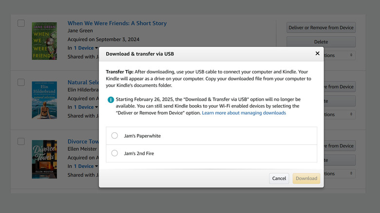 The Kindle's Download and Transfer option is set to disappear on February, 26, 2025