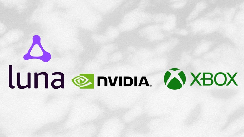 Amazon Luna, Nvidia, and Xbox logos on white background