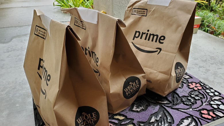 Whole Foods Prime grocery bags on porch