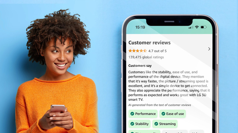 person reading customer review AI summary