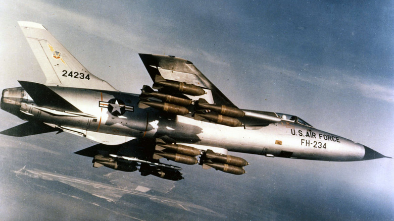 Republic F-105 Thunderchief flying with bombload