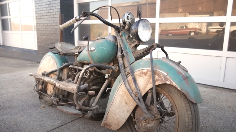 A 1941 Indian Four on display outside Mike Wolfe's stoarge facility.