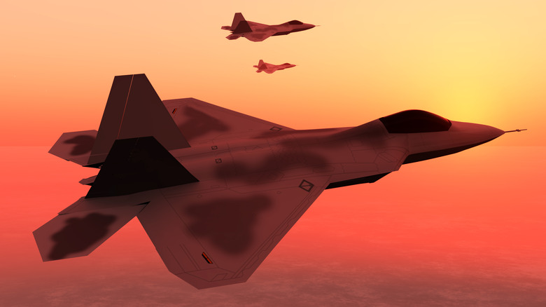 A squadron fof F-22 stealth fighters in the air