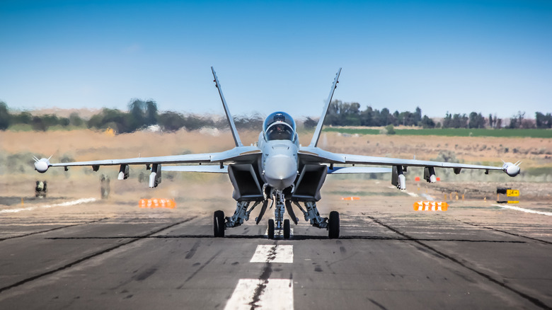 A Boeing F/A-18 Super Hornet from the front