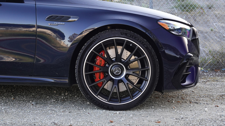 2025 Mercedes-AMG E 53 Hybrid front wheel, tire, and brake detail