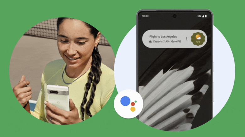 person looking at smartphone on left, with Android's Assistant At a Glance widget appearing on the home screen on the right