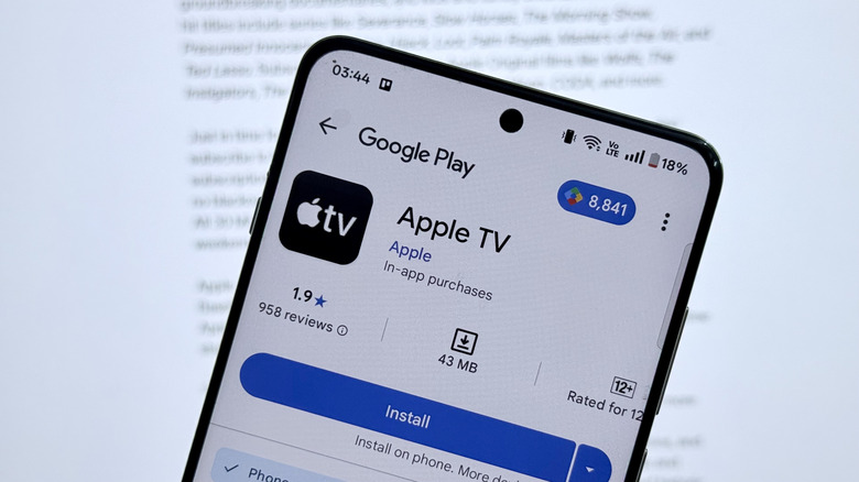 Google Play listing of Apple TV app seen on an Android phone.