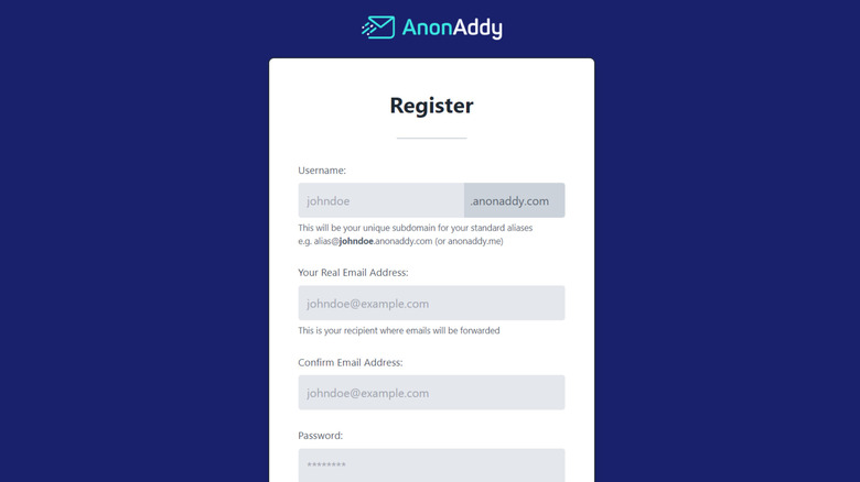 AnonAddy registration screen