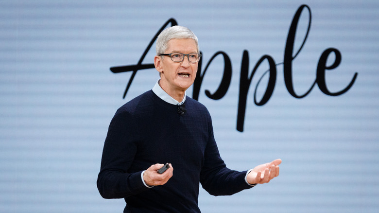 Tim Cook at speaking at a launch event.