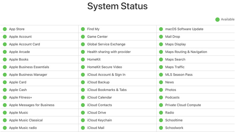 Apple system status page