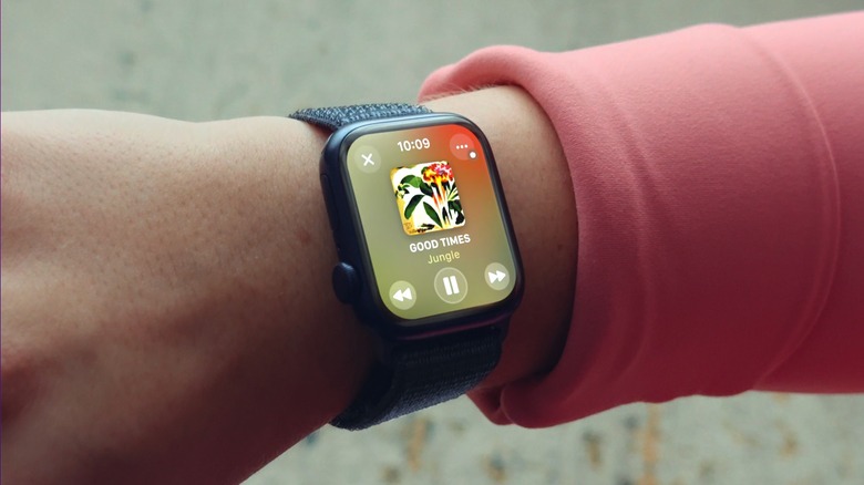 Apple watch series 10 on wrist playing music