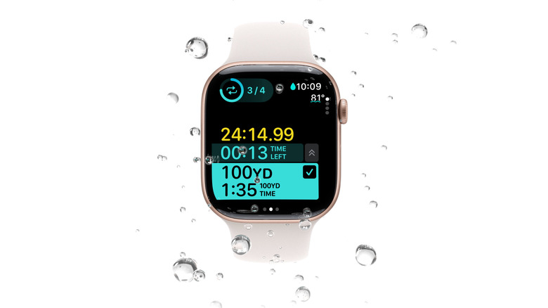 The Apple Watch Series 10 surrounded by water bubbles