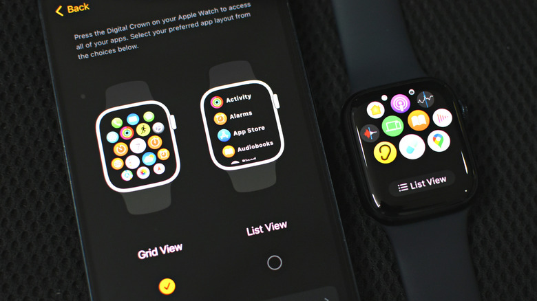 Grid View and List View options on Watch app and Apple Watch