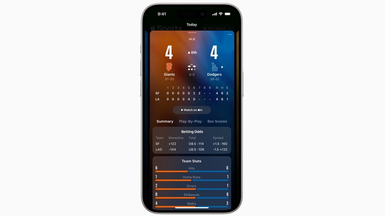 Apple Sport's Dodgers vs Giants score screen 