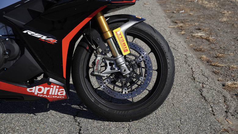 2024 Aprilia RSV4 Factory SE-09 SBK front tire and brake detail