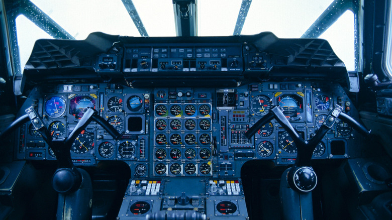 The interior panels of an airplane cockpit.