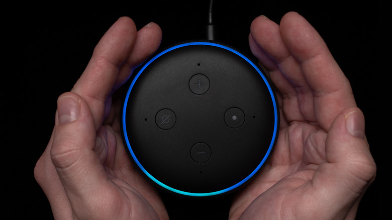 Amazon Echo speaker on hand