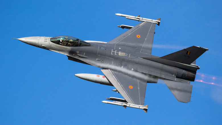 F-16 flying in blue skies