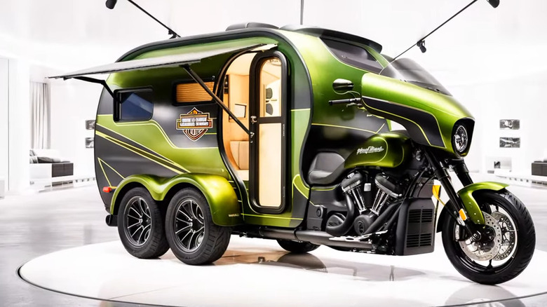 AI image of a green Harley camper