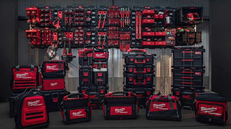 Milwaukee's Packout boxes and tools on display.