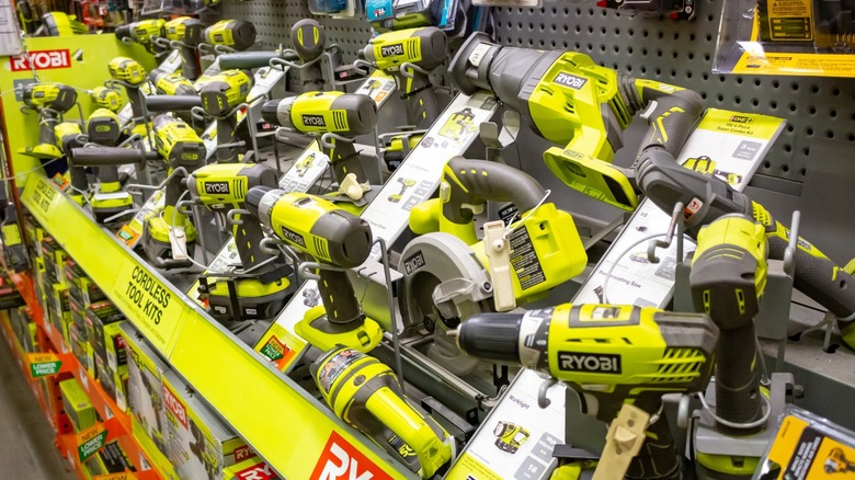 Assortment of Ryobi power tools on display