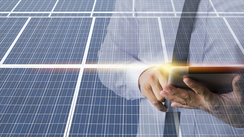 Person with tablet over solar panels