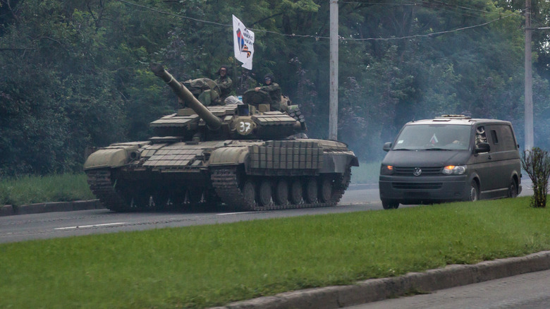 Russian tank moving on road