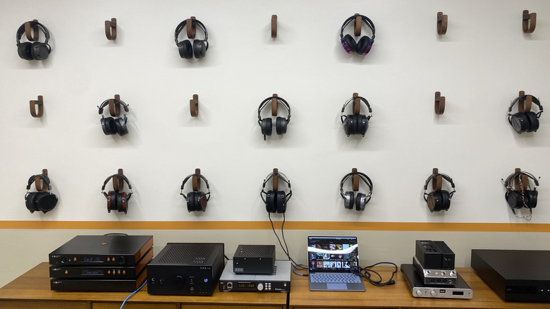 Audeze headphones displayed on wall