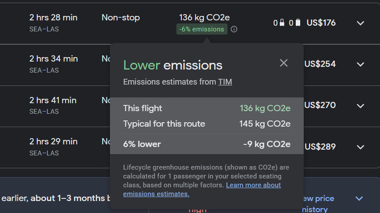 Lower emissions label on Google Flights