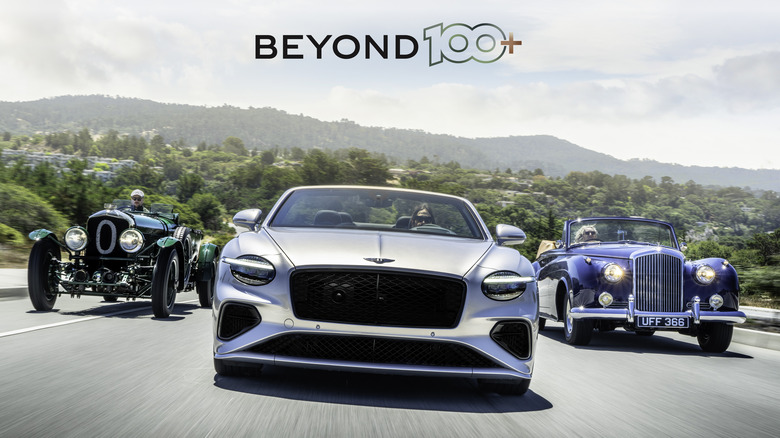 Official poster for Bentley's Beyond100+ electrification plans featuring three cars.