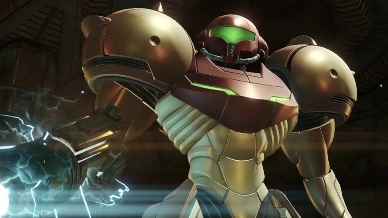 Samus using his fusion gun in Metroid Prime Remastered