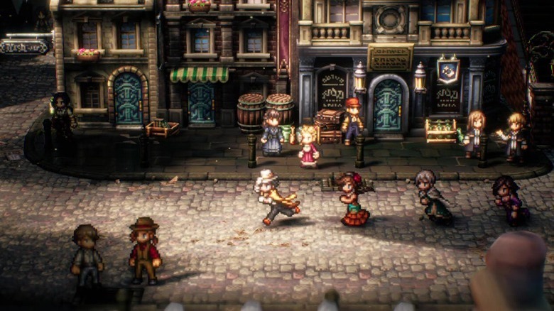 Characters running through the street in Octopath Traveler II