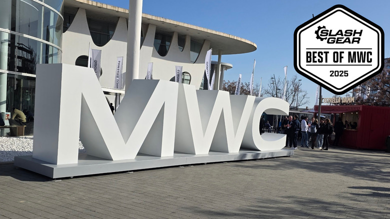 Large MWC logo sign outside the conference