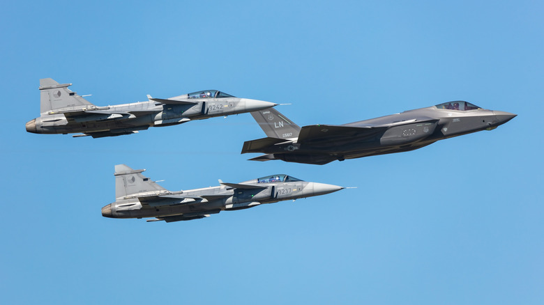 Three USAF jet fighters aircraft during an exercise