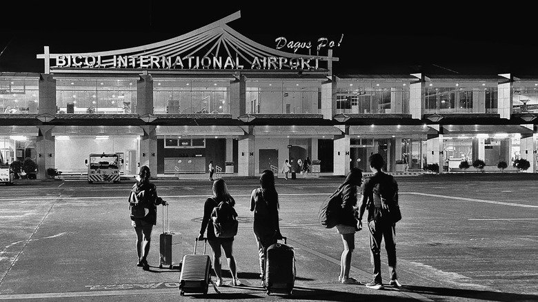 Nighttime airport in black and white