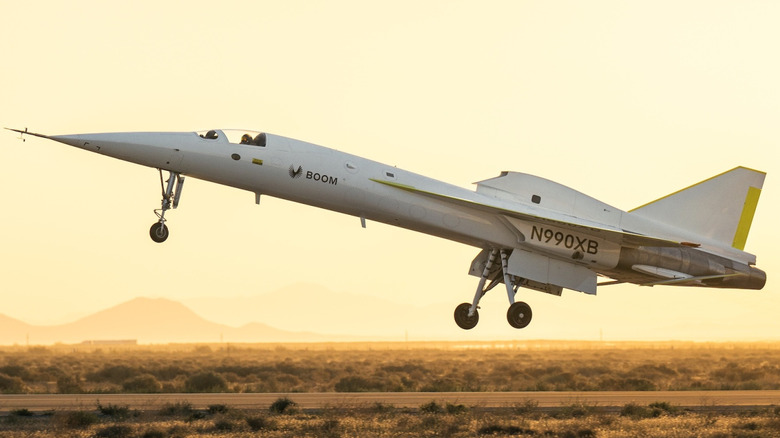 The Boom XB-1 taking off during a test flight.