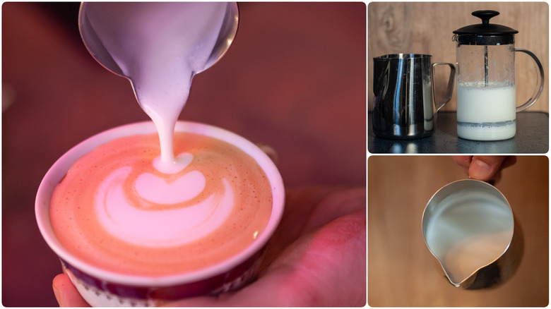 Collage of a process of frothing milk with French press and then using it to make latte art