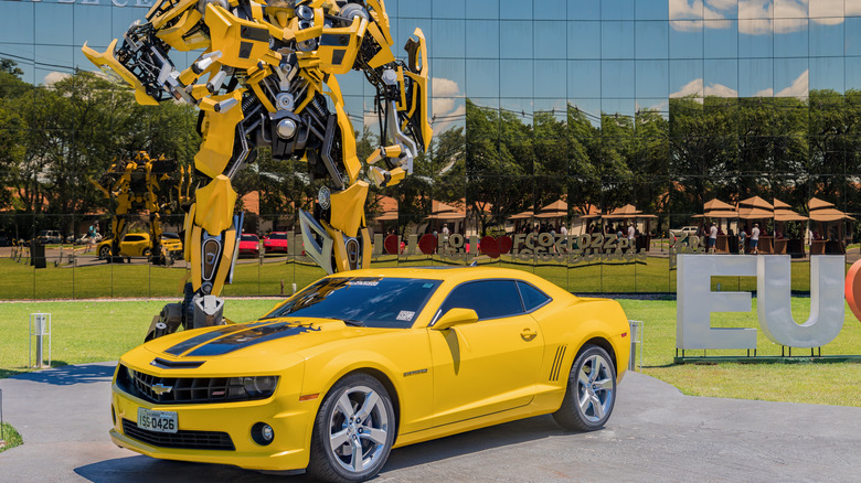 Camaro with Bumblebee statue