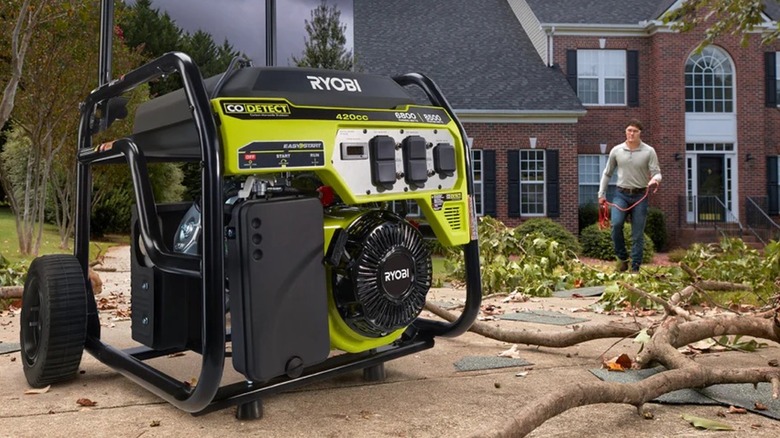 A Ryobi Generator In The Driveway After A Storm