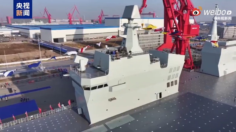 The tower superstructure of the Type 076 Amphibious Assault Carrier in drydock