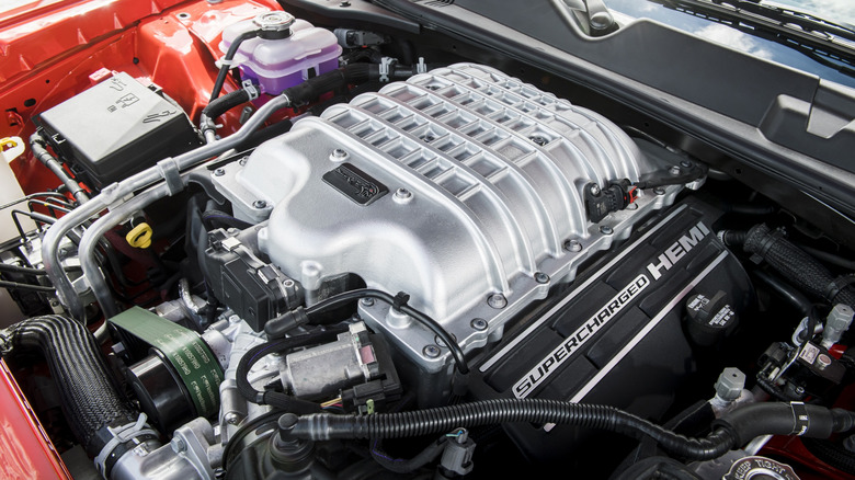 2023 Dodge Challenger SRT Super Stock's supercharged 6.2-liter HEMI V8 engine bay