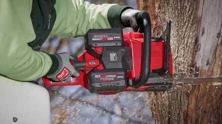 A man chopping down a tree with a chainsaw