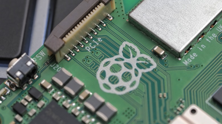 Raspberry Pi logo on RPi 5 circuit board 