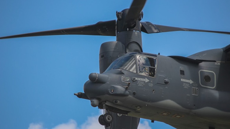 A V-22 Osprey cockpit with the rotor in hover mode