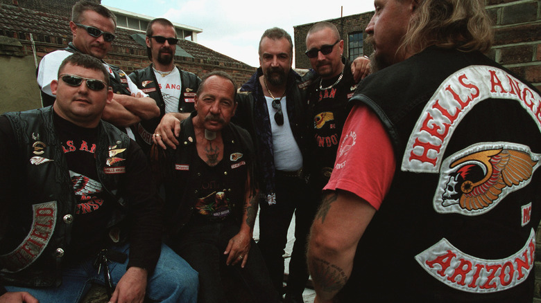 Members of the Hells Angels gather with the club's leader, Sonny Barger.