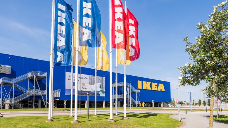 IKEA store window with flags